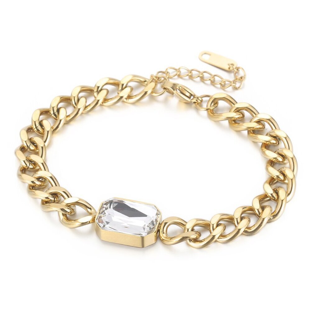 18k Gold Plated Curb Chain Bracelet, Simulated Stone, Stainless Steel